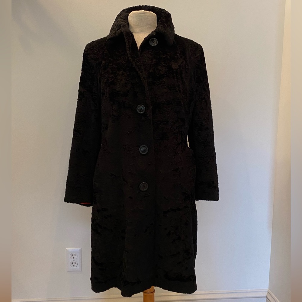 Gallery Womens Coat M Black Faux Persian Lamb Large Notch Collar
